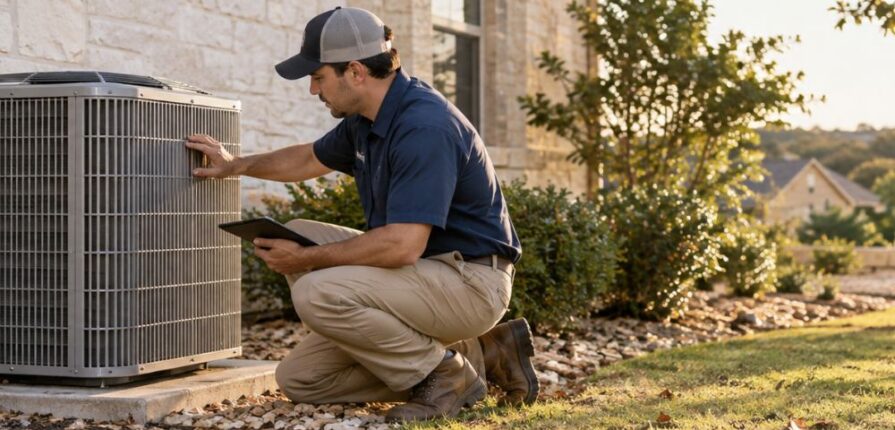 HVAC technician inspecting an outdoor air conditioner at a San Antonio home in early fall.