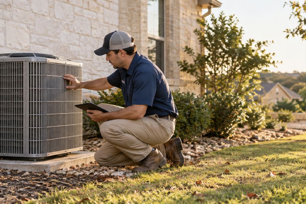 HVAC technician inspecting an outdoor air conditioner at a San Antonio home in early fall.