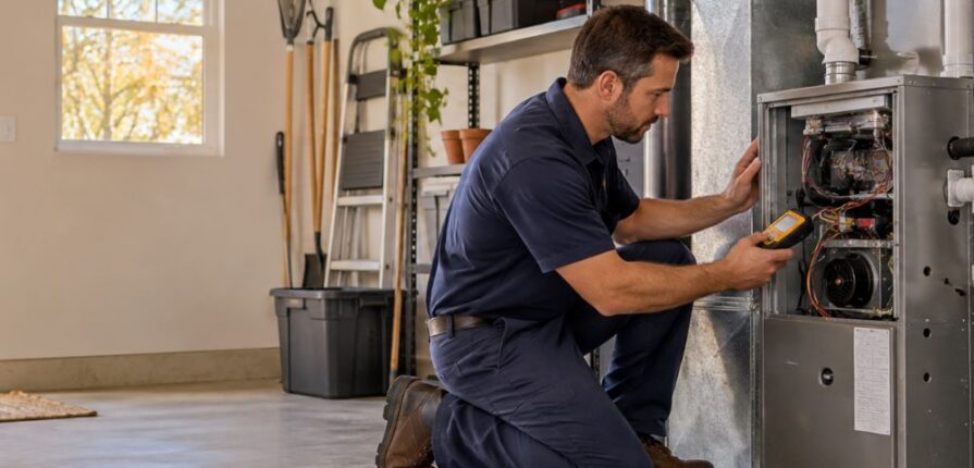 HVAC technician inspecting a home furnace before heating season in San Antonio.