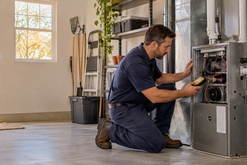 HVAC technician inspecting a home furnace before heating season in San Antonio.