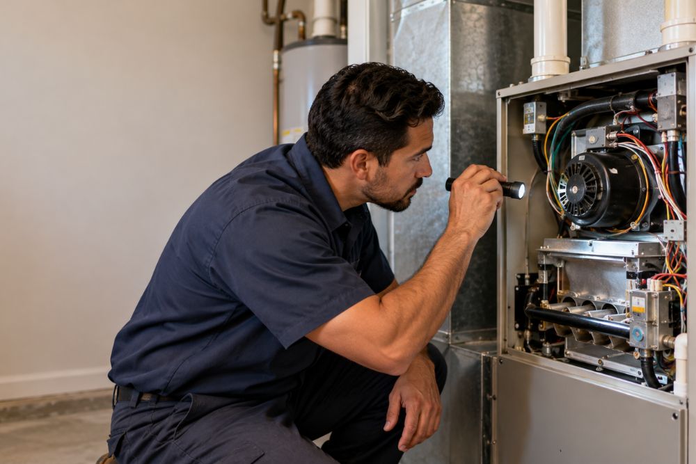 HVAC technician inspecting a home furnace before cooler weather.